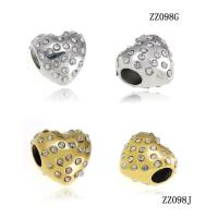 316L Stainless Steel European Large Hole Beads Heart plated with rhinestone Sold By PC
