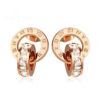 Stainless Steel Drop Earring, 304 Stainless Steel, Vacuum Ion Plating, fashion jewelry & with roman number & for woman & with rhinestone, rose gold color, 17.50x3.40mm, Sold By Pair