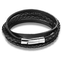 PU Leather Cord Bracelets, with 304 Stainless Steel, Vacuum Plating, fashion jewelry & multilayer & woven pattern, black, Length:21 cm, Sold By PC