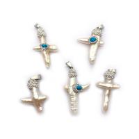 Freshwater Pearl Pendants with Blue Turquoise & Rhinestone Clay Pave Cross Unisex 25x32- Sold By PC