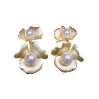 Freshwater Pearl Earrings, with 18K Gold, Flower, for woman & frosted, white, 15mm, Sold By Pair