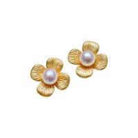 Pendientes de Perlas de Freshwater, Perlas cultivadas de agua dulce, con oro 18K, Flor, para mujer & glaseado, Blanco, 5-6mm, Vendido por Par