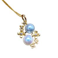 Akoya Cultured Pearls Necklace, with Cubic Zirconia & 14K Gold, Flower, for woman, white, 8-9mm, Length:Approx 15.75 Inch, Sold By PC
