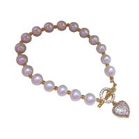 Freshwater Cultured Pearl Bracelet, Freshwater Pearl, with Cubic Zirconia & 18K Gold, Heart, for woman, pink, 7-8mm, Length:Approx 7.5 Inch, Sold By PC