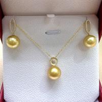 Perlas Cultivadas de Akoya Conjunto de joya, pendiente & collar, con cúbica circonia & oro 18K, Esférico, para mujer, dorado, 12-13mm, longitud aproximado 15.75 Inch, aproximado 2PCs/Set, Vendido por Set