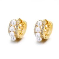 Brass Huggie Hoop Earring, with Plastic Pearl, gold color plated, micro pave cubic zirconia & for woman, nickel, lead & cadmium free, 6x12mm, Sold By Pair