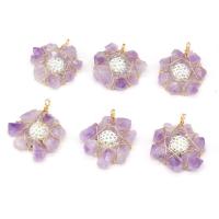 Amethyst Pendant, with Rhinestone Clay Pave Bead & Brass, Flower, gold color plated, Unisex, purple, 40x50mm, Sold By PC