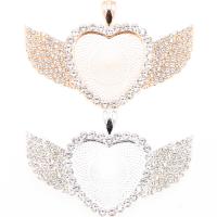 Tibetan Style Pendant Cabochon Setting, Winged Heart, plated, with rhinestone, more colors for choice, nickel, lead & cadmium free, 61x41mm, Approx 50PCs/Bag, Sold By Bag