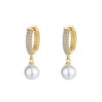 Huggie Hoop Drop Earring Brass with Shell Pearl Round plated for woman & with rhinestone nickel lead & cadmium free Sold By Pair