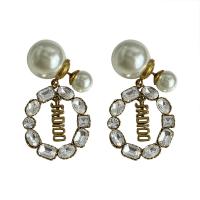 Zinc Alloy Drop Earrings with Plastic Pearl Alphabet Letter gold color plated for woman & with rhinestone & hollow Sold By Pair