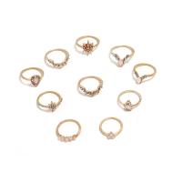 Cink Alloy Ring Set, Cink ötvözet, -val Gyanta, arany színű aranyozott, 10 darab & a nő & strasszos, 16mm,17mm,18mm, Által értékesített Set