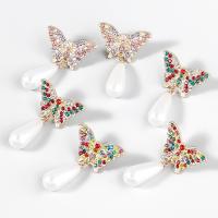 Zinc Alloy Drop Earrings with ABS Plastic Pearl Butterfly fashion jewelry & for woman & with rhinestone Sold By Pair