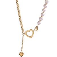 Titanium Steel Necklace, with Shell Pearl, Heart, Vacuum Ion Plating, Unisex & hollow, more colors for choice, 50mm,10mm, Length:Approx 14.96 Inch, Sold By PC