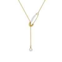 Titanium Steel Necklace with Shell Pearl with 1.57Inch extender chain Safety Pin Vacuum Ion Plating Unisex golden 50mm Length Approx 17.72 Inch Sold By PC