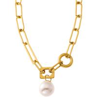 Titanium Steel Necklace, with Shell Pearl, with 1.97Inch extender chain, Round, Vacuum Ion Plating, for woman, golden, 14mm, Length:Approx 16.14 Inch, Sold By PC