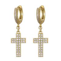 Huggie Hoop Drop Earring, Brass, Cross, plated, Unisex & micro pave cubic zirconia, more colors for choice, nickel, lead & cadmium free, 36x10mm, Sold By Pair