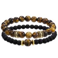 Gemstone Bracelets Tiger Eye with Abrazine Stone & Zinc Alloy gold color plated 2 pieces & micro pave rhinestone & for man 6mm 8mm Length Approx 7.2-7.6 Inch Sold By Set