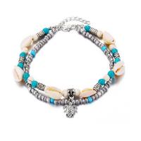 Tibetan Style Anklet, with turquoise & Shell, platinum color plated, for woman & multi-strand, Length:Approx 9.45 Inch, Sold By PC