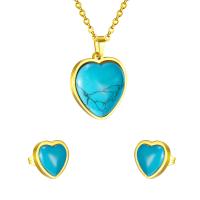 Fashion Stainless Steel Jewelry Sets Stud Earring & necklace 304 Stainless Steel with turquoise Heart Vacuum Ion Plating for woman 25*23mm 12*12mm Length Approx 17.72 Inch Sold By Set