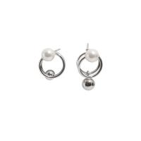 Messing oorbelknoppen, met Plastic Pearl, voor vrouw, zilver, 6mm,12mm, Verkocht door pair