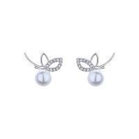 Brass Stud Earring, with Shell Pearl & Cubic Zirconia, Butterfly, platinum color plated, for woman, white, nickel, lead & cadmium free, 6mm,12x15mm, Sold By Pair