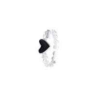 Brass Cuff Finger Ring, Heart, platinum color plated, for woman & epoxy gel, black, nickel, lead & cadmium free, 7x9mm, US Ring Size:6.5, Sold By PC