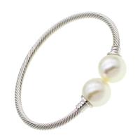 Brass Cuff Bangle, with Plastic Pearl, Unisex, silver color, 78mm, 10PCs/Bag, Sold By Bag