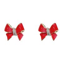 Tibetan Style Stud Earring, Bowknot, plated, Korean style & for woman & with rhinestone, more colors for choice, nickel, lead & cadmium free, 17x15mm, Sold By Pair