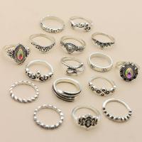 Juego de anillos de aleación de zinc, chapado en color de plata antigua, 16 piezas & para mujer & con diamantes de imitación, libre de níquel, plomo & cadmio, tamaño:6-8, Vendido por Set