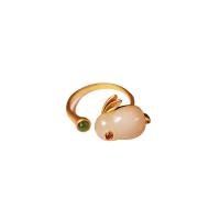 Cеребряное кольцо, 925 пробы, с нефрит, Заяц, плакирован золотом, Регулируемый & Женский & со стразами, продается PC