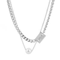 Titanium Steel Necklace, with Plastic Pearl, Double Layer & Unisex, silver color, Length:45 cm, Sold By PC