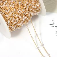 Chaîne décorative en laiton, avec bobine plastique & perle de plastique, Plaqué d'or 14K, DIY, 3mmu30011.2mmu300117mm, Vendu par m