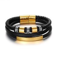 Leather Bracelet, with Titanium Steel, Vacuum Ion Plating, three layers & vintage & for man, more colors for choice, Length:Approx 8.46 Inch, Sold By PC