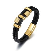 Leather Bracelet, with Titanium Steel, Vacuum Ion Plating, Double Layer & vintage & for man, more colors for choice, 15mm, Length:Approx 8.46 Inch, Sold By PC