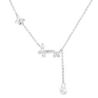 925 Sterling Silver Necklaces, Butterfly, platinum color plated, for woman & with rhinestone, Length:Approx 17.91 Inch, Sold By PC