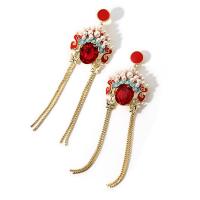 Tibetan Style Drop Earrings, with Crystal & Plastic Pearl, gold color plated, for woman & enamel, red, 20x70mm, Sold By Pair