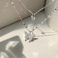 925 Sterling Silver Necklaces, Butterfly, platinum color plated, Double Layer & for woman & with rhinestone, Length:Approx 19-50 cm, Sold By PC