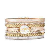 PU Leather Cord Bracelets with Shell & Brass gold color plated multilayer & with magnetic Sold By PC