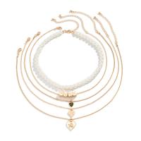 Multi Layer Necklace, Tibetan Style, with iron chain & Plastic Pearl, with 2.7inch extender chain, gold color plated, 5 pieces & for woman & enamel, nickel, lead & cadmium free, Length:Approx 13.7 Inch, Approx 15.7 Inch, Sold By Set