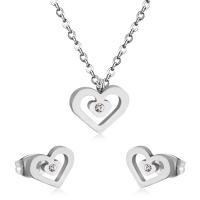 Cubic Zirconia Stainless Steel Jewelry Sets, Stud Earring & necklace, 304 Stainless Steel, Heart, Vacuum Ion Plating, fashion jewelry & micro pave cubic zirconia & for woman & hollow, more colors for choice, 12*9mm,9.5*7.5mm, Length:Approx 17.72 Inch, Sold By Set