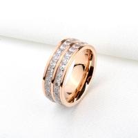 Titanium Steel Finger Ring, polished, for woman & with rhinestone, rose gold color, 8x1.80mm, Sold By PC