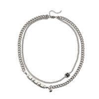 Collar de Acero Titanio, Partículas de acero, con Perlas de plástico ABS & aleación de zinc, Doble capa & unisexo & con diamantes de imitación, plateado, Vendido por UD