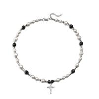 Titanstahl Halskette, mit ABS-Kunststoff-Perlen & Messing, poliert, unisex & Micro pave Zirkonia, gemischte Farben, Länge:55 cm, verkauft von PC