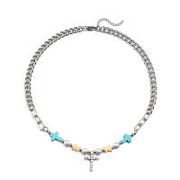 Titanium Steel Necklace, with ABS Plastic Pearl & Turquoise & Brass, polished, Unisex & micro pave cubic zirconia, mixed colors, Sold By PC