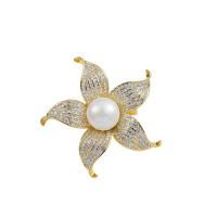 Zinc Alloy Brooches with Plastic Pearl Flower gold color plated micro pave cubic zirconia & for woman nickel lead & cadmium free 42mm Sold By Lot