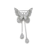 Tibetan Style Brooches, Butterfly, silver color plated, for woman & with rhinestone, nickel, lead & cadmium free, 60x30mm, 10PCs/Lot, Sold By Lot