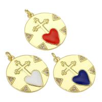Brass Heart Pendants Flat Round gold color plated enamel Approx 3mm Sold By PC