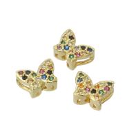 Perles cubes en laiton zircon Micro Pave, papillon, Placage de couleur d'or, pavé de micro zircon, multicolore, 7x5.50x3.50mm, Trou:Environ 2mm, Vendu par PC