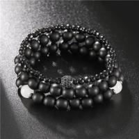 Gemstone Bracelets, Black Stone, with White Chalcedony & Black Diamond & Tibetan Style, Round, gun black plated, Unisex & faceted & with rhinestone, black, Length:Approx 7.68 Inch, Approx 3PCs/Set, Sold By Set