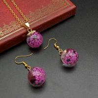 Glass Jewelry Set, earring & necklace, with Dried Flower, Round, gold color plated, fashion jewelry & twist oval chain, more colors for choice, 16x20mm, Length:50 cm, Sold By Set
